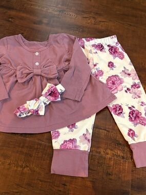 Girls Mauve Bow-Front Long-Sleeve Set with Floral Bottoms and Headband